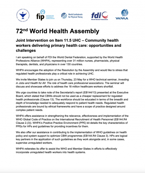 WHA72 - UHC – Community health workers delivering primary health care: opportunities and challenges